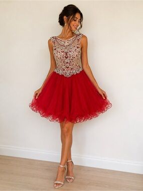 Let's Fashion Vintage Rhinestone Corset Tulle Mini Dress Style 5856 Size M Red